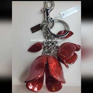 NEW COACH Red Glitter Tea Rose Bag Charm 58514 keyring chain bag fob NWT